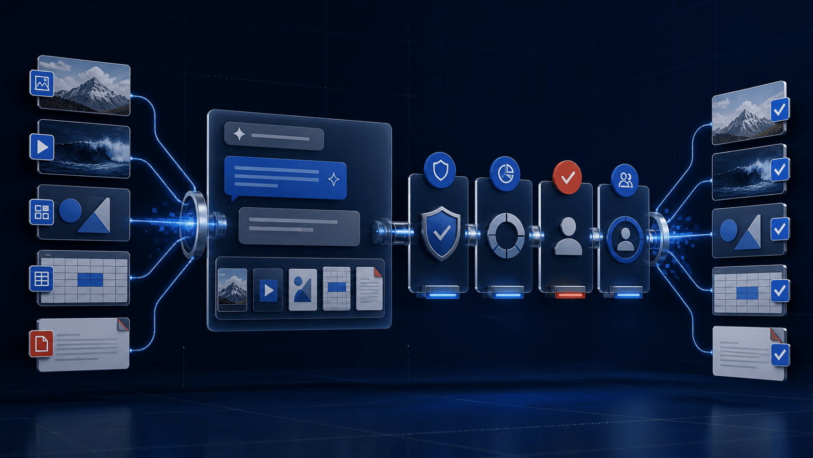 Abstract governed creative AI workflow with image, video, design, spreadsheet, and PDF assets moving through a conversational workspace, security checks, brand review, human approval, and approved output gates