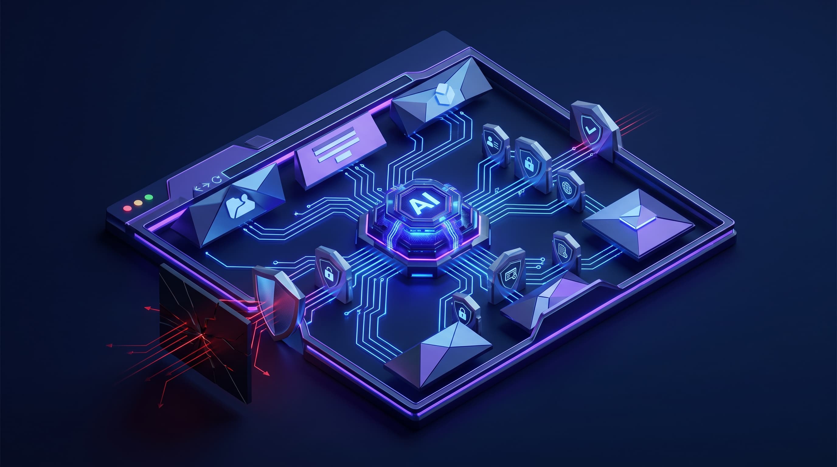 Abstract dark visualization of agentic browsing security — an AI agent core operating inside a browser window, reaching multiple SaaS app tabs and forms through an employee identity gate, ringed by DLP, site-scope, logging, and human-approval checkpoints, with a malicious hidden-instruction page being deflected, in violet and blue