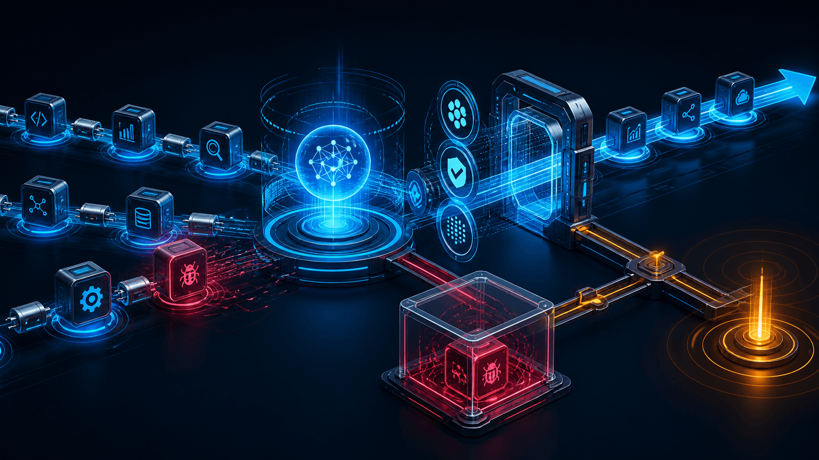 Abstract AI orchestration core verifying connected tool modules at a security gateway while a suspect module is diverted into an isolated quarantine chamber