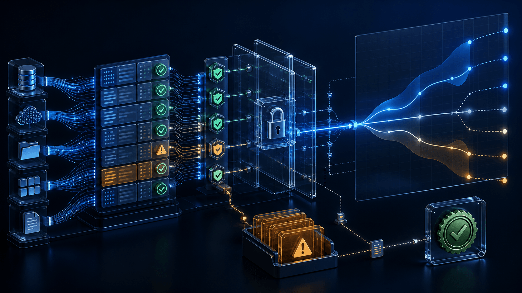 Abstract AI-native finance system connecting approved ledger data through reconciliation controls, exception review, traceable approval gates, and continuously updating forecast scenarios