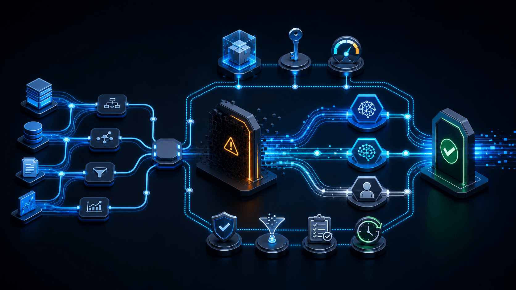 Abstract enterprise AI workflow routing around a disabled provider gateway through evaluated replacement models and a manual operating path, then passing a recovery validation gate