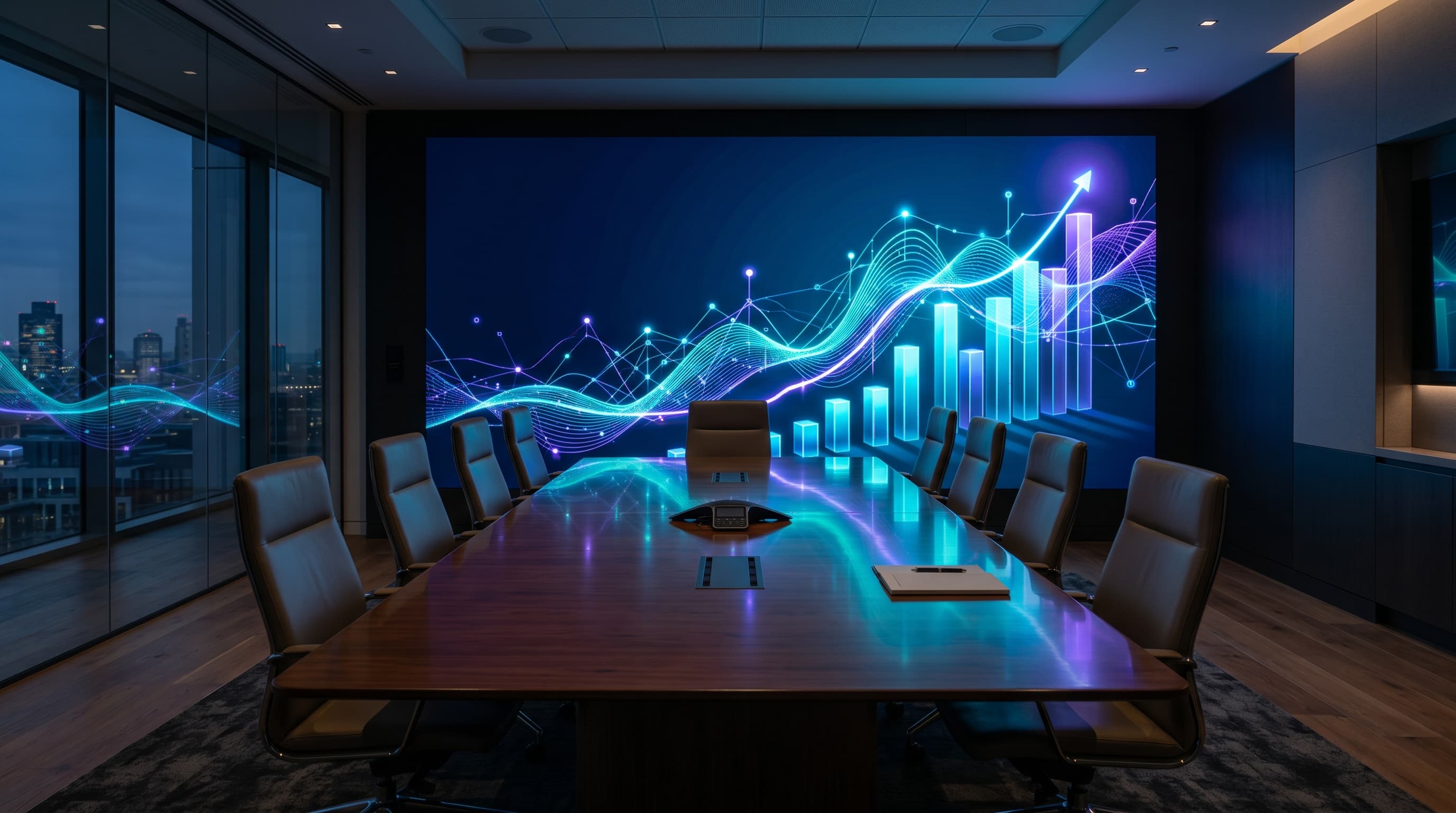 Empty executive boardroom at night with a glowing wall display showing an upward-climbing AI efficiency curve and dimensional financial growth bars, representing measurable AI ROI for a Dallas leadership team