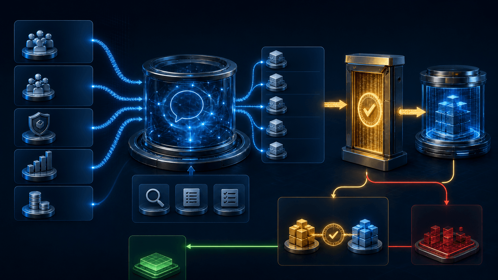 Abstract workspace administration workflow with read-only activity streams entering a conversational analysis core, proposed changes passing through a human approval gate, authoritative state verification, and a separate exception-review path