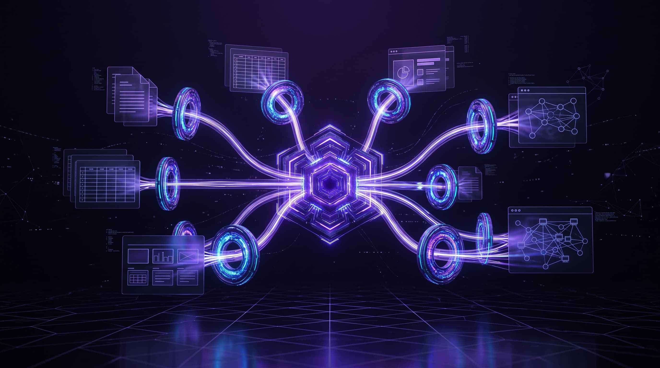 Abstract dark visualization of a ChatGPT Work AI agent surrounded by admin control gates — connector permissions, write-action approvals, and publishing controls — governing its access to files, apps, and Sites, in violet and blue