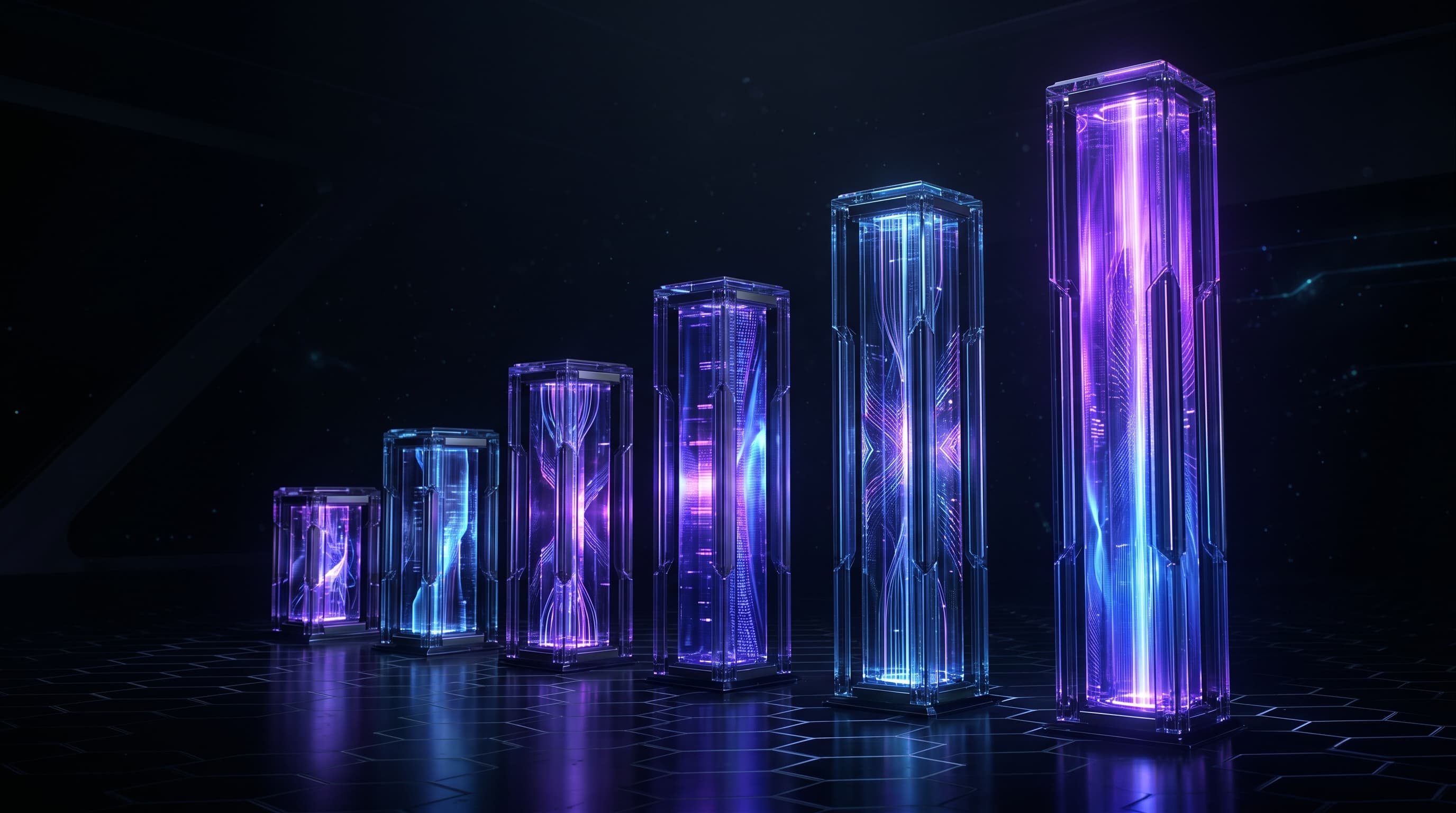 Abstract dark visualization comparing five Claude subscription tiers — Free, Pro, Max, Team, and Enterprise — as ascending illuminated columns in violet and blue, representing rising price, usage limits, and security controls