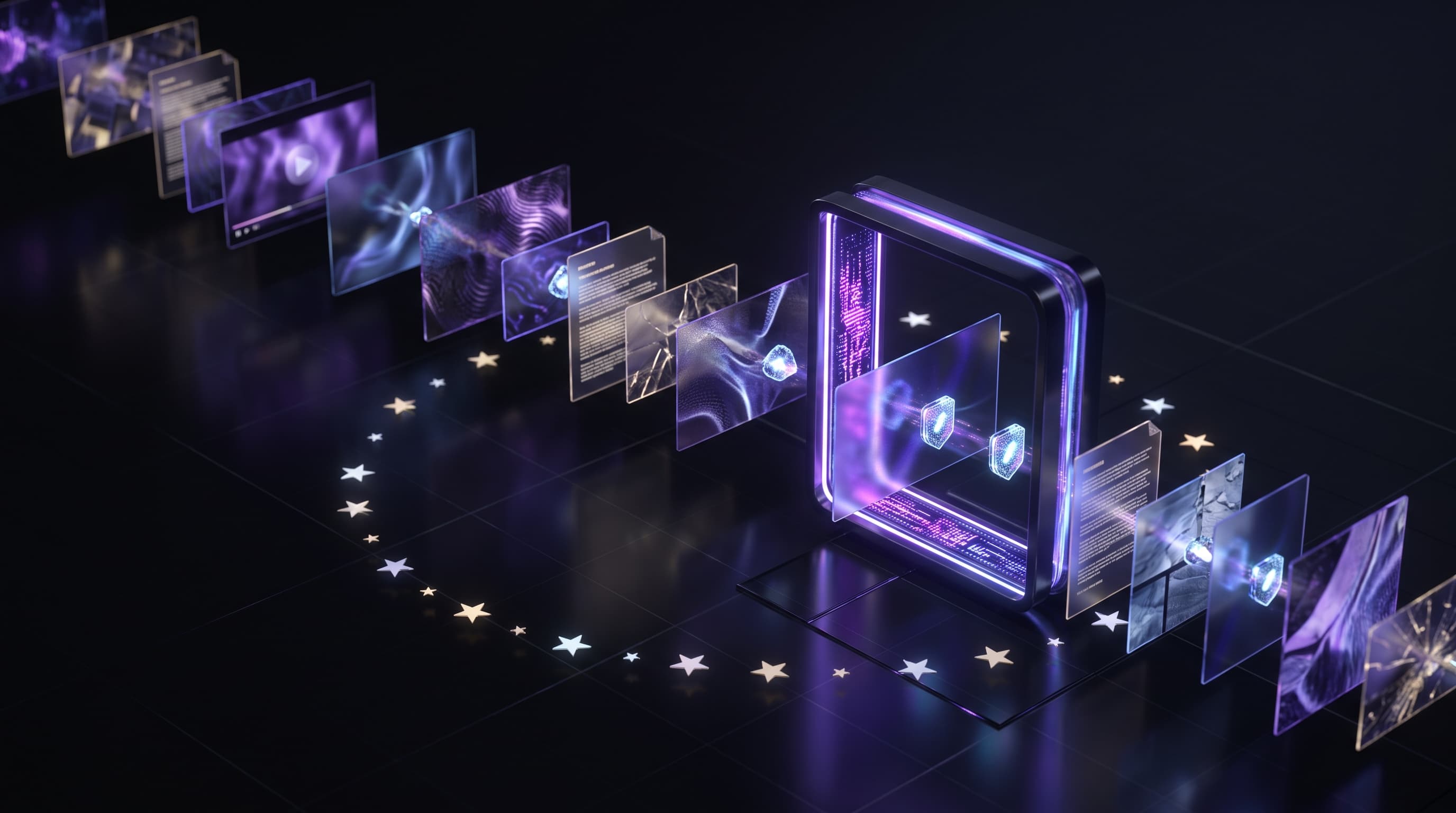 Abstract dark visualization of AI content transparency compliance — a stream of AI-generated media passing through a labeling and disclosure checkpoint marked with the EU circle of stars motif, in violet and blue