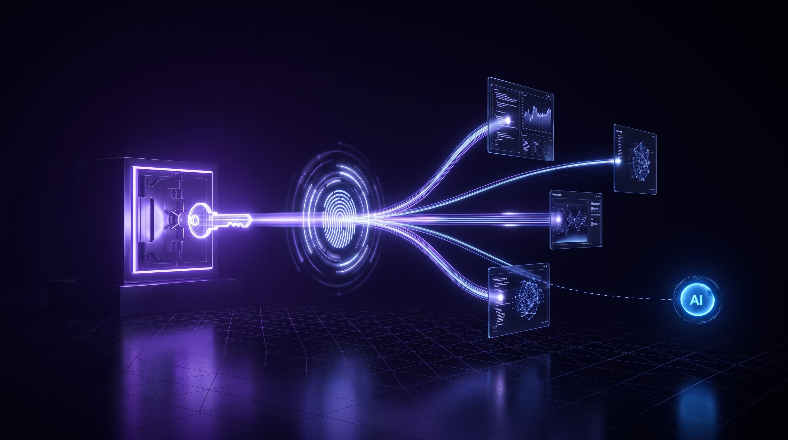 Abstract dark visualization of secure secret injection — a glowing vault and fingerprint approval gate feeding an encrypted credential into developer and AI agent tools, with the language model kept separate from the secret, in violet and blue
