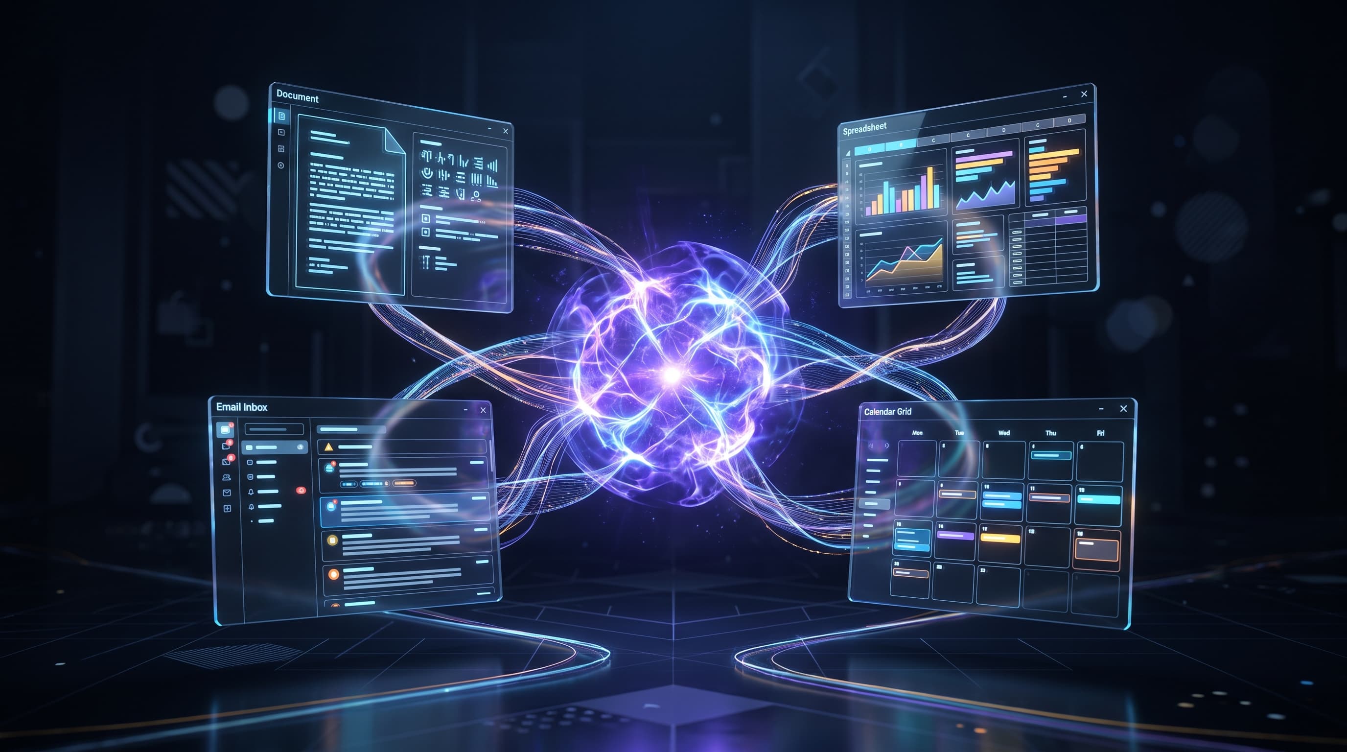 Abstract visualization of Microsoft 365 Copilot assisting across Word, Excel, Outlook, and Teams in a violet and blue productivity aesthetic