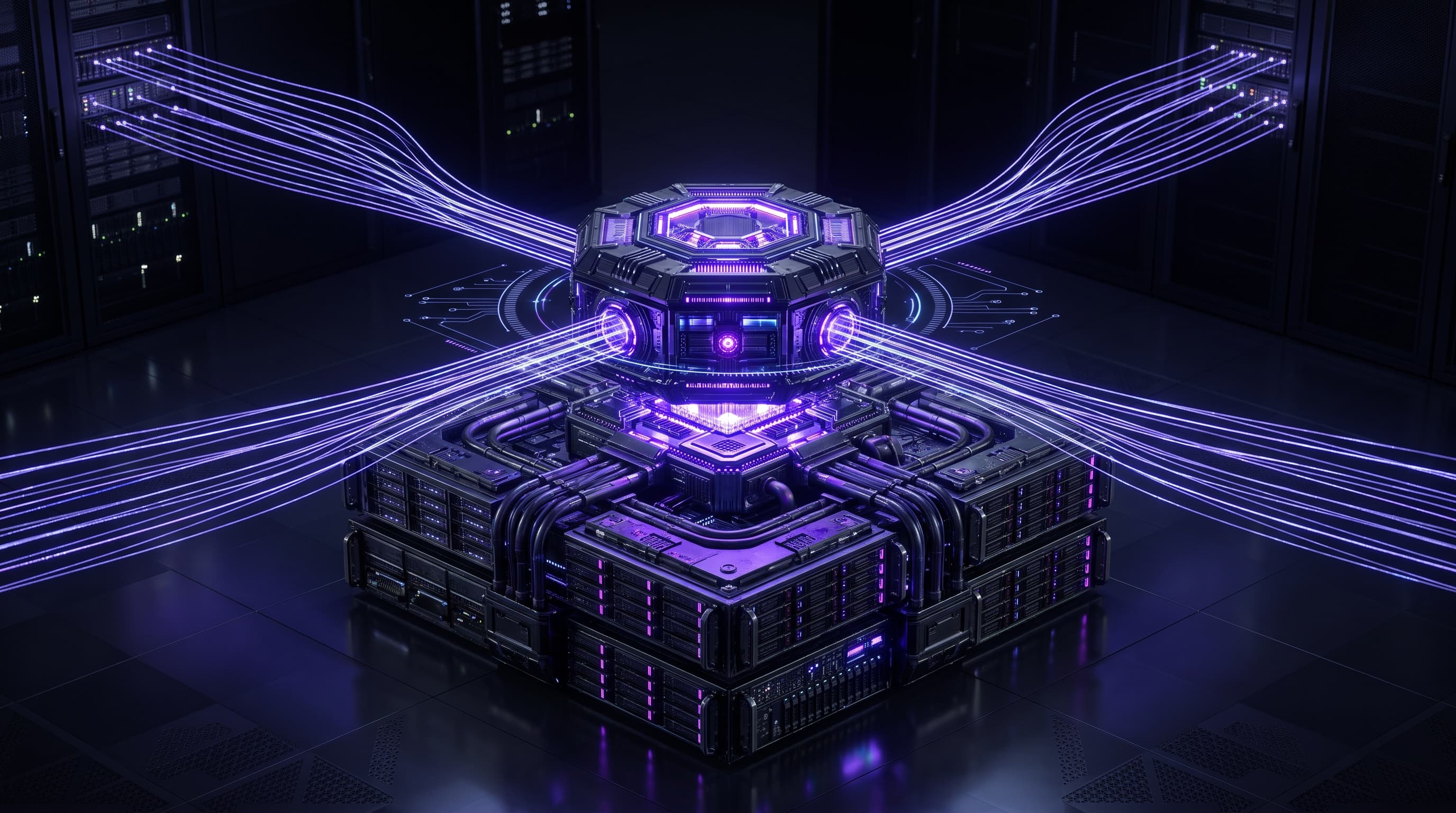 Abstract dark visualization of agentic AI infrastructure under load — a central agent core drawing on elastic compute, data, and network layers, with cost and power gauges, as many parallel actions fan out, in violet and blue