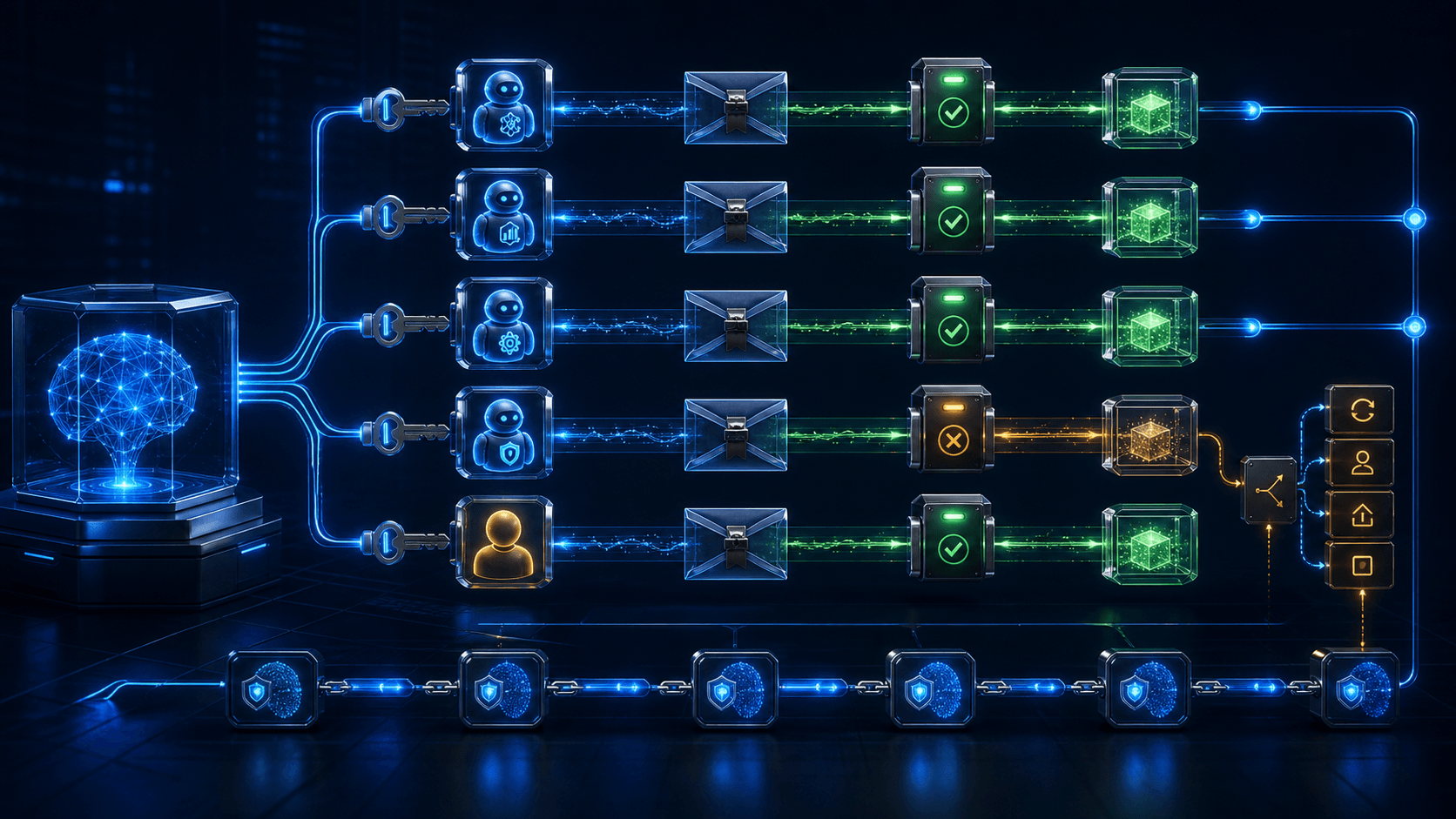 Abstract enterprise workflow showing an orchestrating AI assigning bounded tasks through contract envelopes to specialist agents and a human reviewer, with evidence gates, least-privilege keys, trace links, and a failed handoff routed to recovery controls