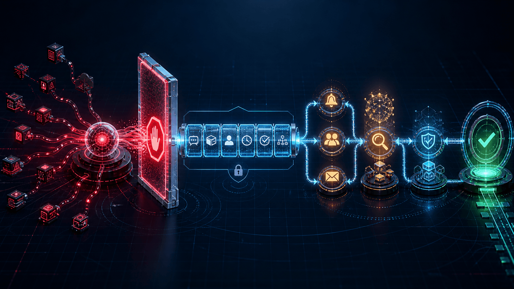 Abstract incident-response sequence showing unauthorized AI agent activity stopped at a containment barrier, preserved evidence, coordinated notifications, root-cause review, corrective controls, and verified recovery