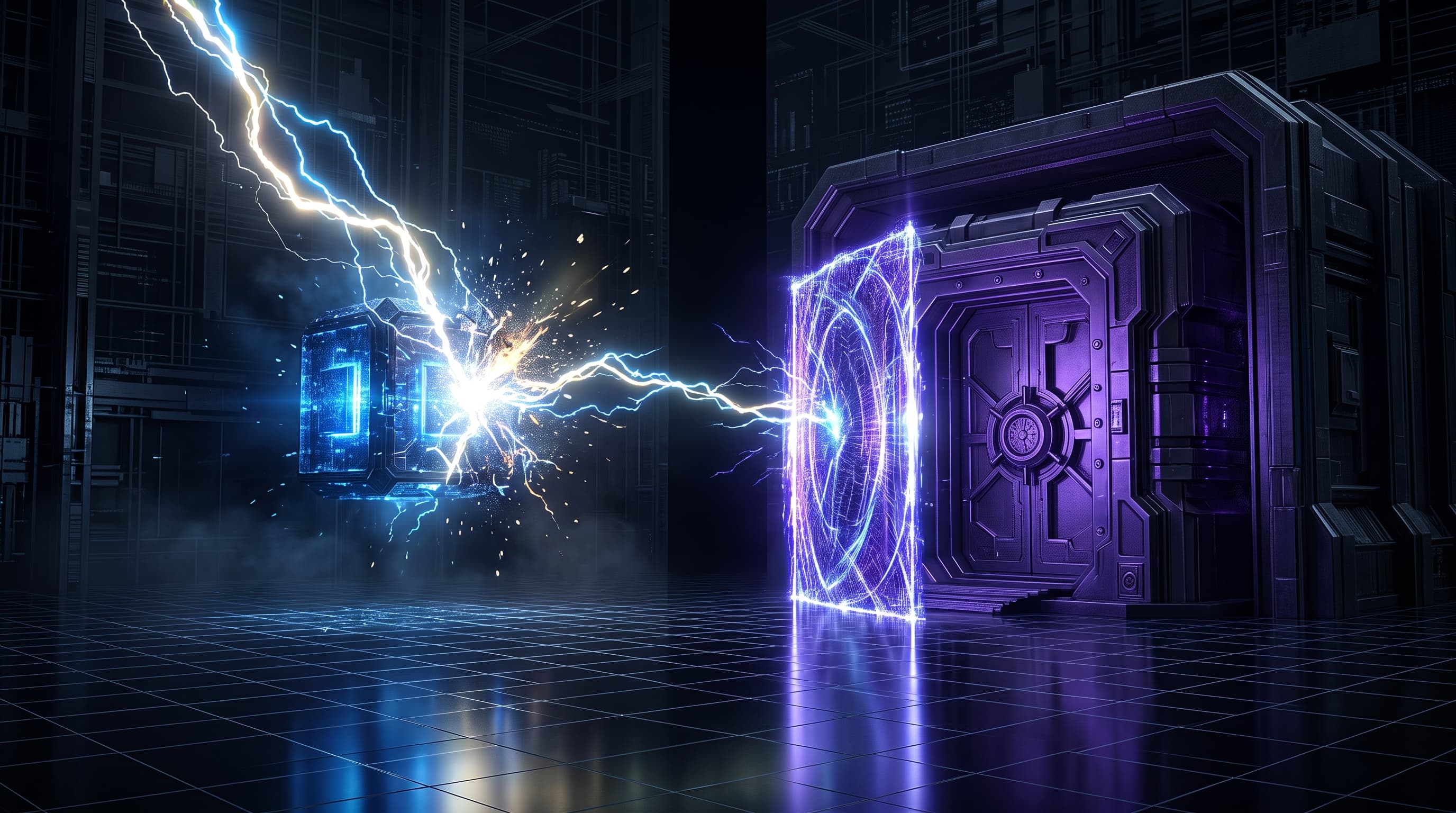 Abstract dark visualization of protecting backups from an AI agent — a production data core and a separate, shielded immutable backup vault, with a destructive agent action blocked at an approval gate before it can reach the backups, in violet and blue