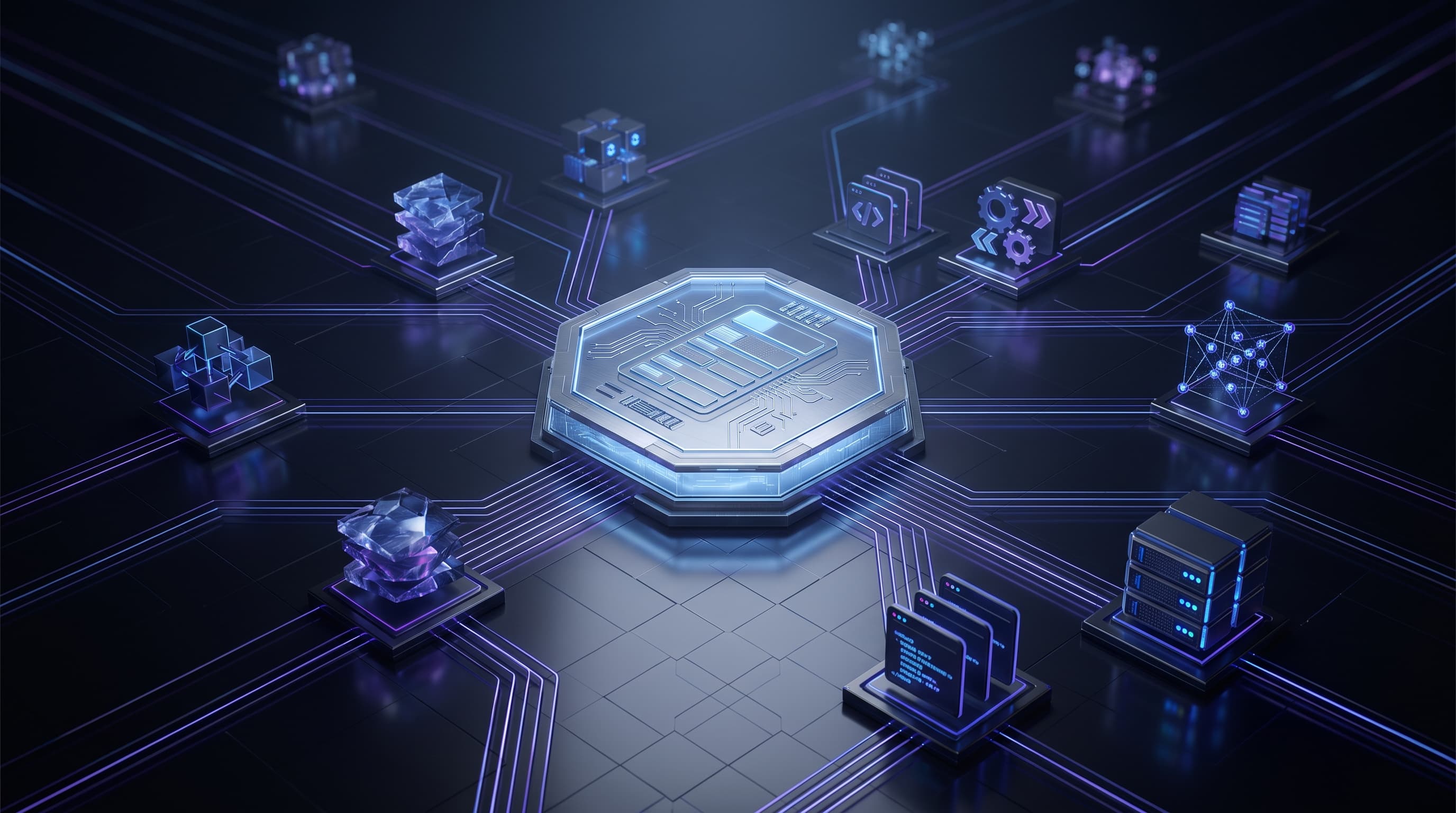 Abstract dark visualization of an AI Bill of Materials — a central inventory ledger connected to labeled component nodes for models, datasets, agent frameworks, vector databases, dependencies, and infrastructure, in violet and blue