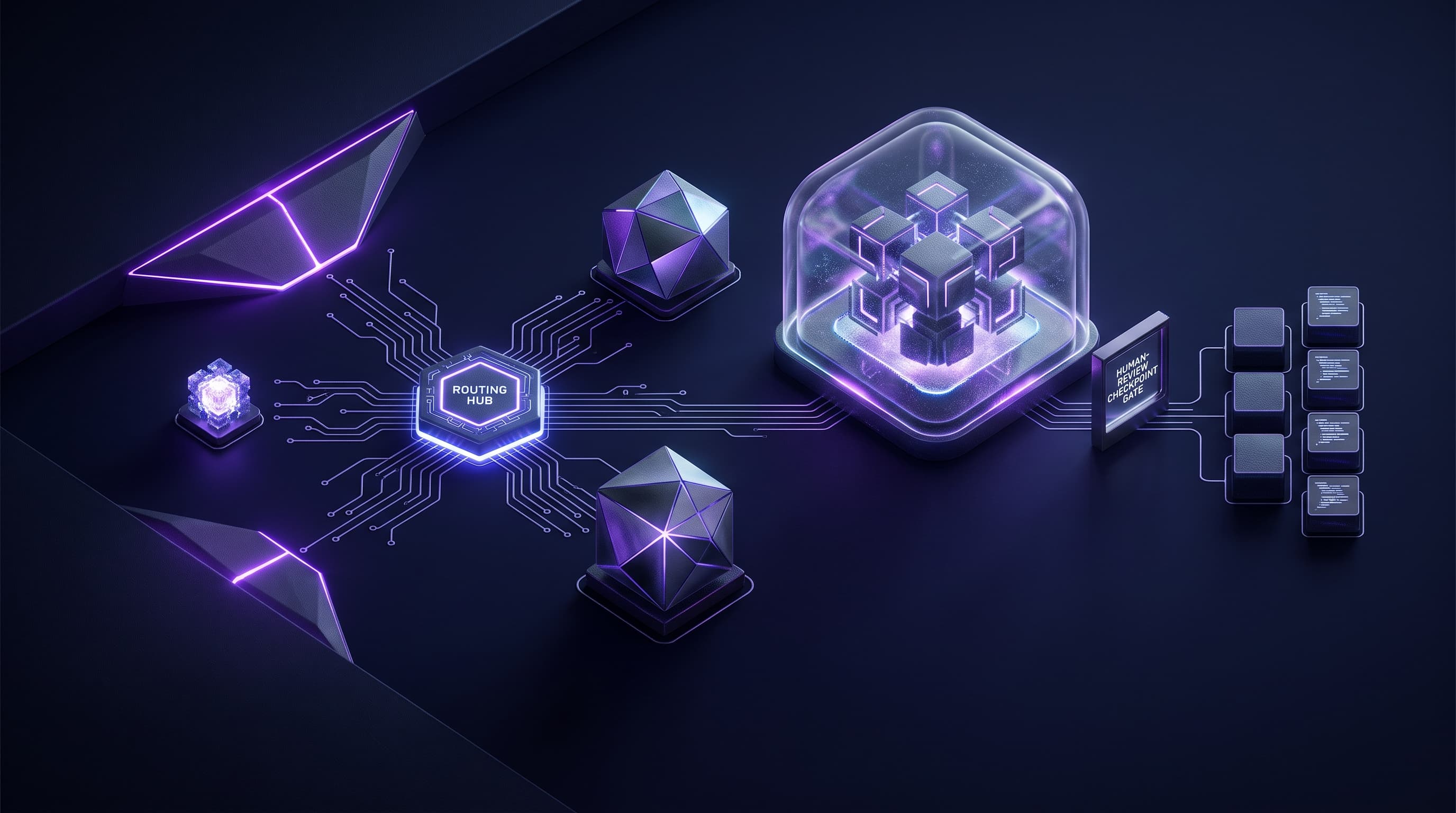 Abstract dark visualization of security AI model selection — a central routing hub directing code-scanning work to three model tiers, a small local model, a specialized frontier model, and a sandboxed agentic patching model, with a human-review checkpoint before any fix reaches production, in violet and blue