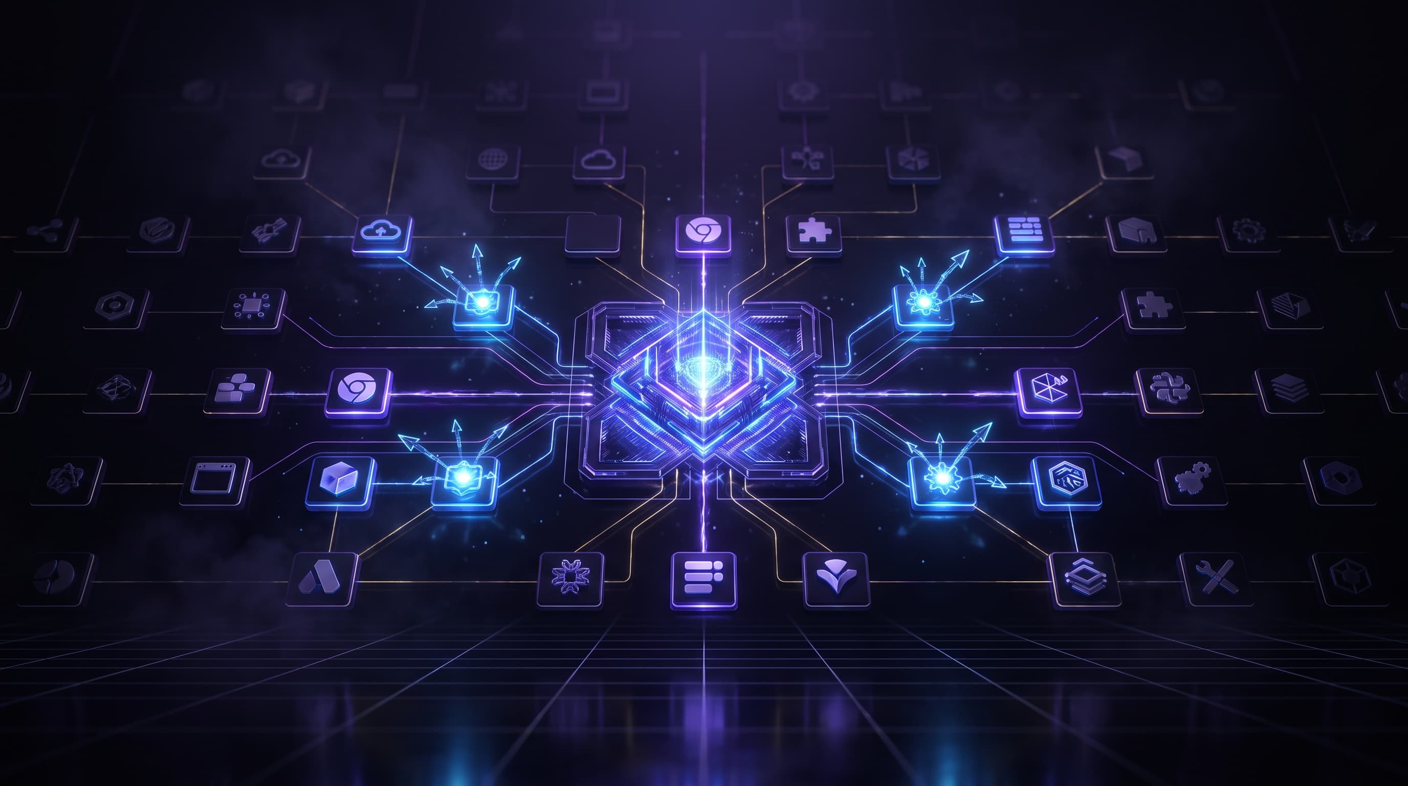 Abstract dark visualization of an AI-enabled application inventory — a central governance registry connected to app, browser, plugin, and MCP-server nodes, with some nodes lighting up as they gain agentic action capabilities, in violet and blue