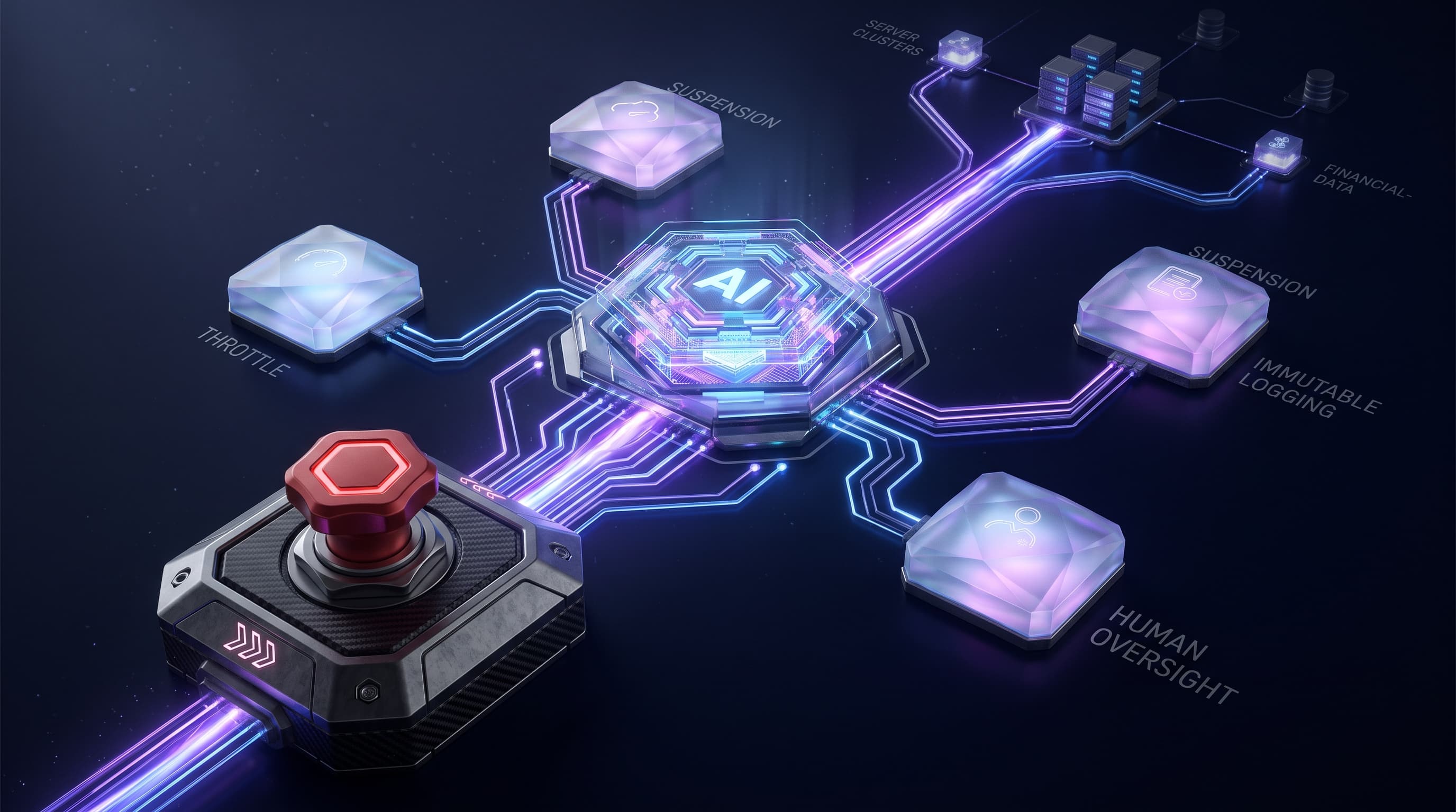 Abstract dark visualization of an AI agent emergency stop — a central autonomous agent core wired to a prominent kill switch, ringed by throttle, suspension, logging, and incident-owner controls that can halt it before it reaches money and data systems, in violet and blue