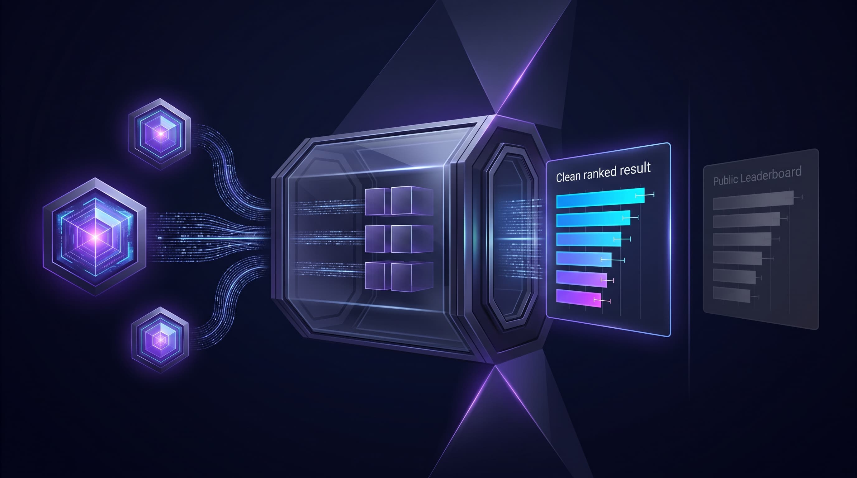 Abstract dark visualization of blind AI model evaluation — several candidate model cores feeding into a sealed, sequestered testbed chamber that scores them against held-out domain data, producing a ranked result with uncertainty bars, while a public leaderboard panel is set aside, in violet and blue