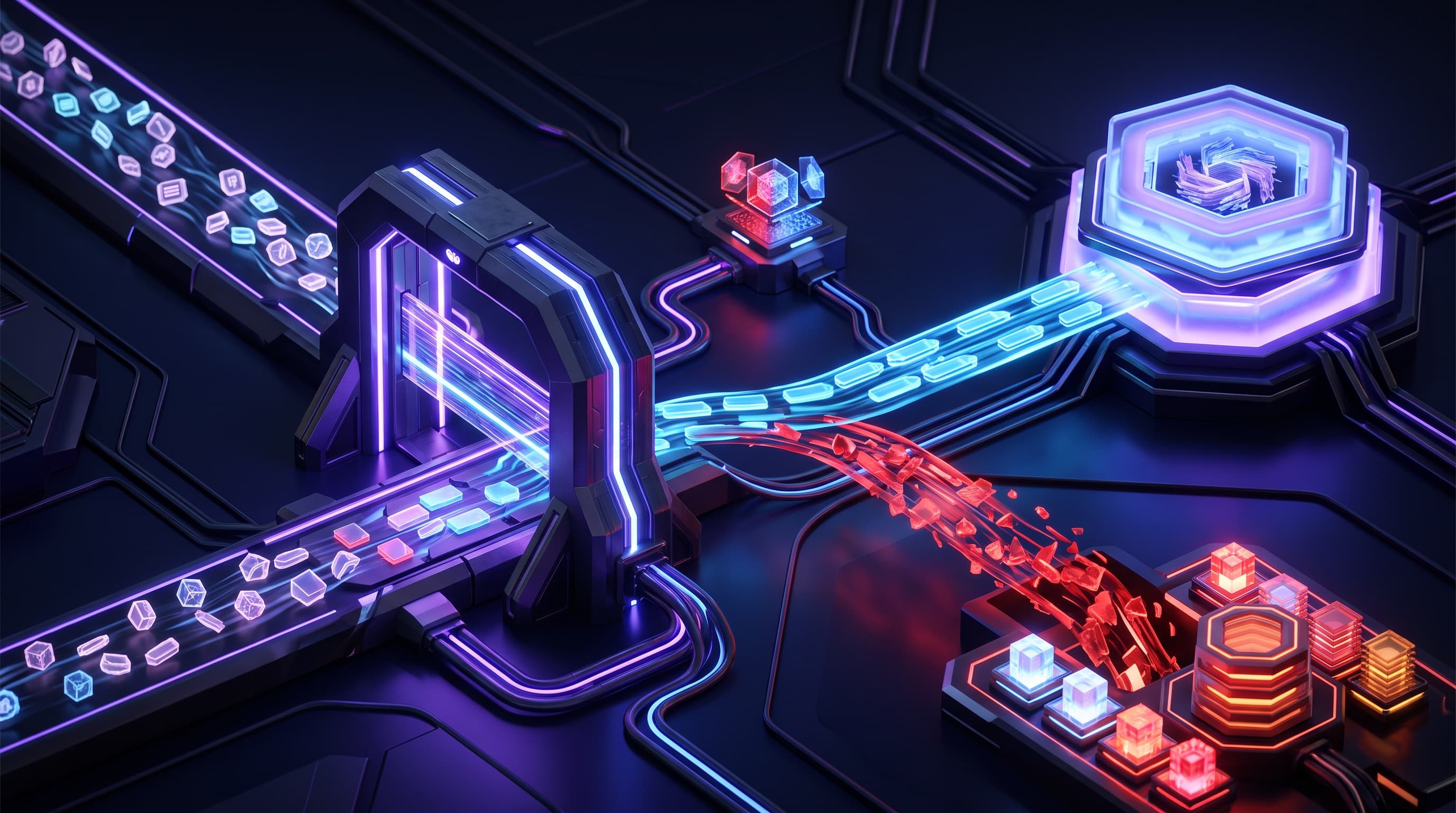 Abstract dark visualization of pre-inference AI prompt DLP — an employee prompt passing through a security-server inspection gate that returns an allow or deny verdict before it reaches a model core, with denied prompts deflected and logged, in violet and blue