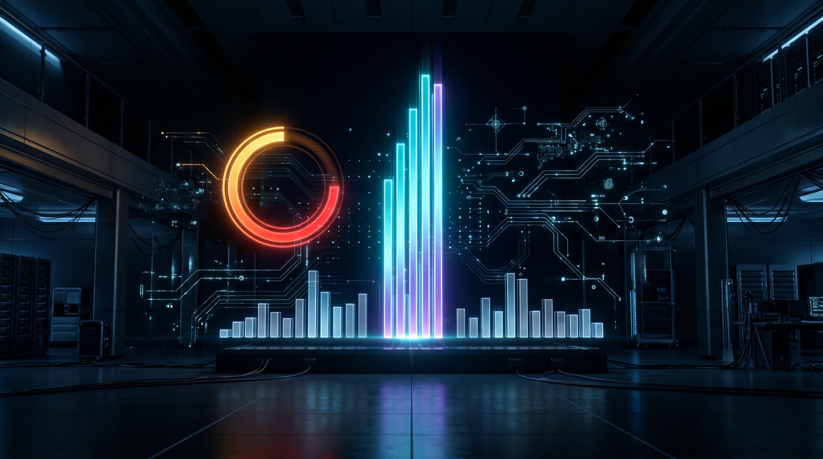 Abstract dark operations center visualization of Claude Fable 5 benchmark dominance — towering cyan and violet performance bars above shorter competitor bars beside a draining amber usage-limit ring