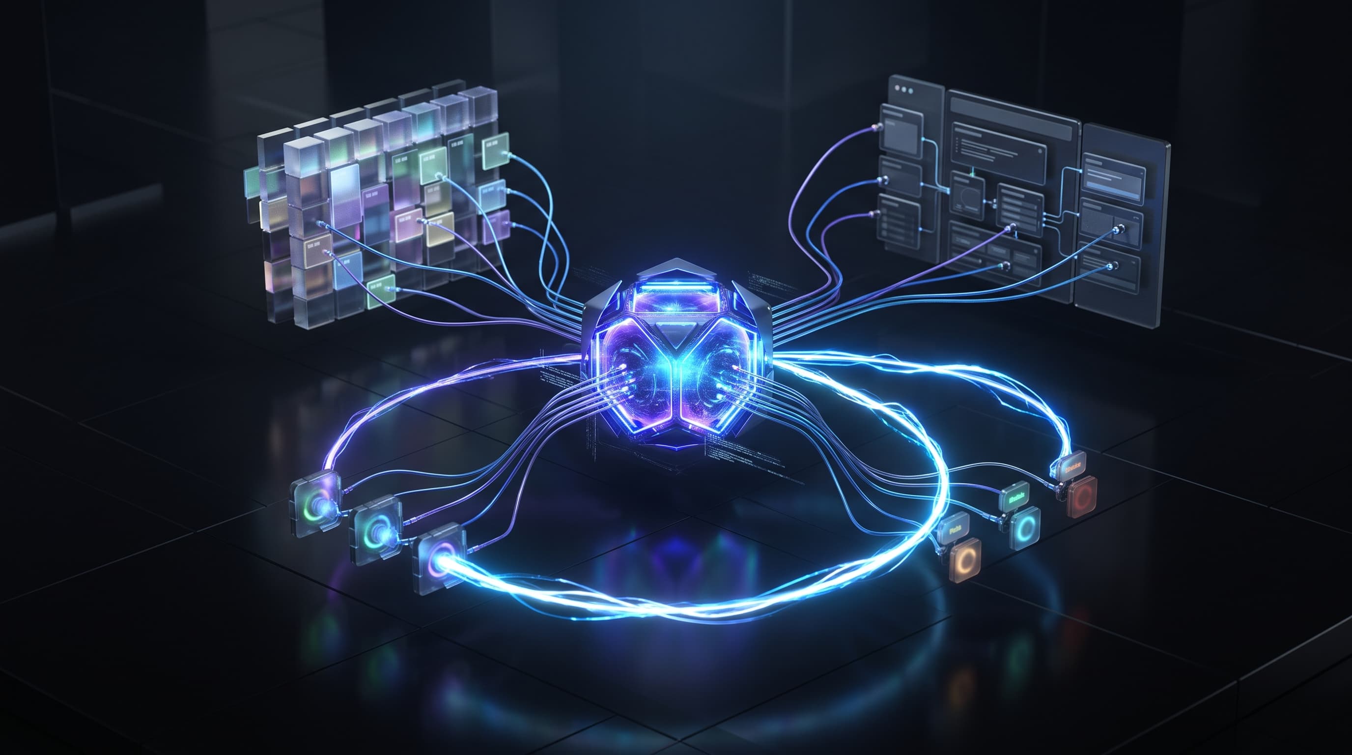 Abstract dark visualization of a Microsoft Copilot on-call scheduling agent inside Microsoft Teams — a central agent core connected to a rotation calendar, technician availability, and a PSA ticket system, routing a coverage-swap approval, in violet and blue