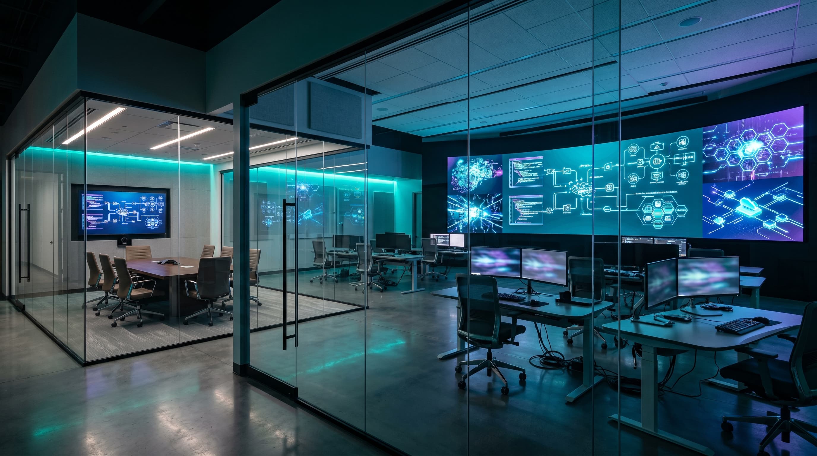 Empty enterprise AI operations room with abstract secure workflow displays