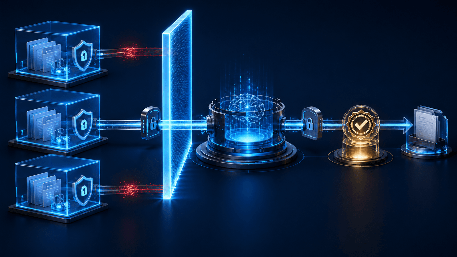 Abstract legal AI workflow with three isolated document vaults, a luminous ethical wall, permission gates, a controlled analysis core, and a final attorney approval checkpoint