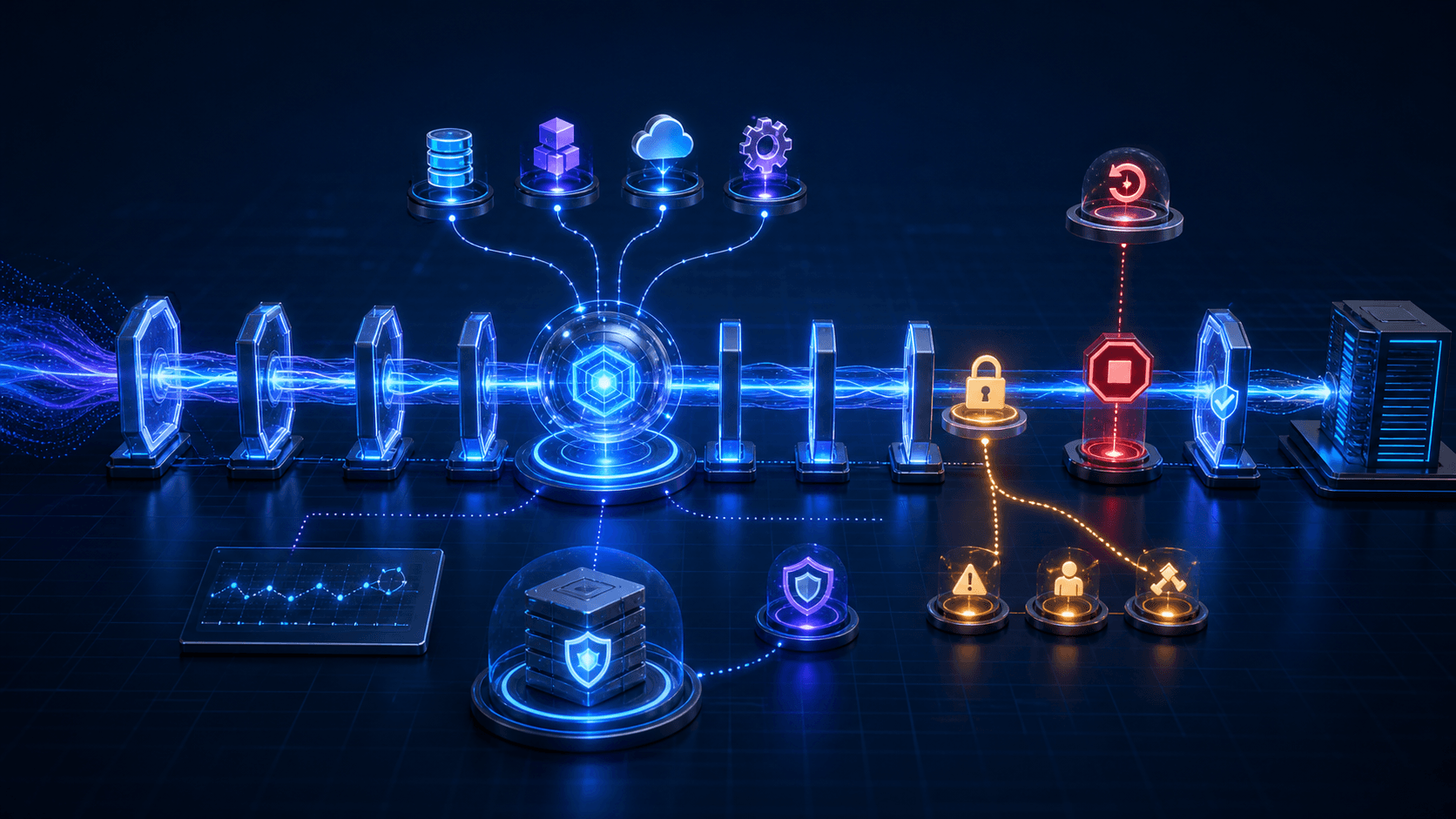 Abstract technical illustration of a long-running AI agent crossing monitored checkpoints, approval gates, protected state, a stop control, and final verification before reaching a downstream system