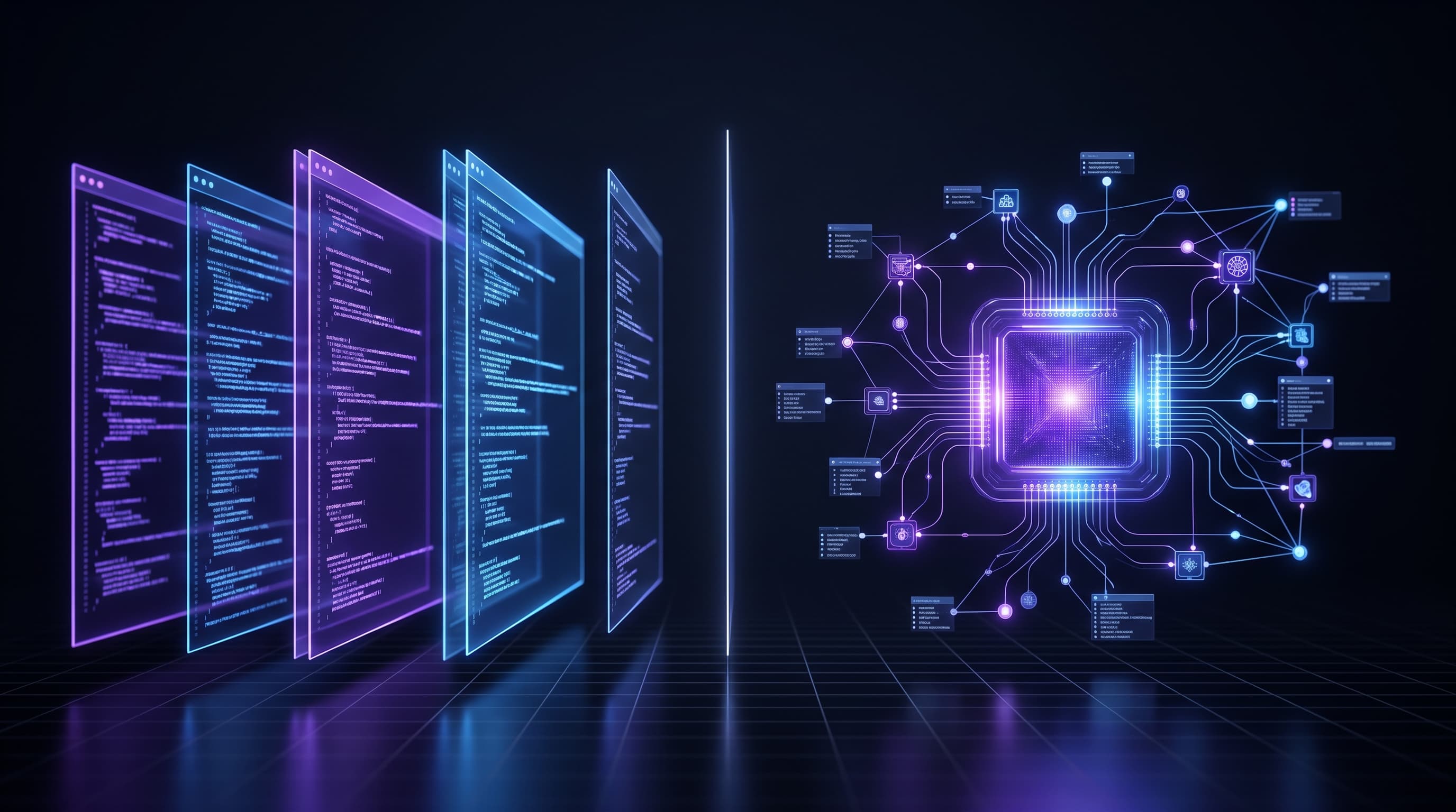 Abstract dark split visualization comparing two enterprise AI coding agents — parallel sandboxed worktrees on one side and a deep large-context reasoning core on the other — in violet and blue