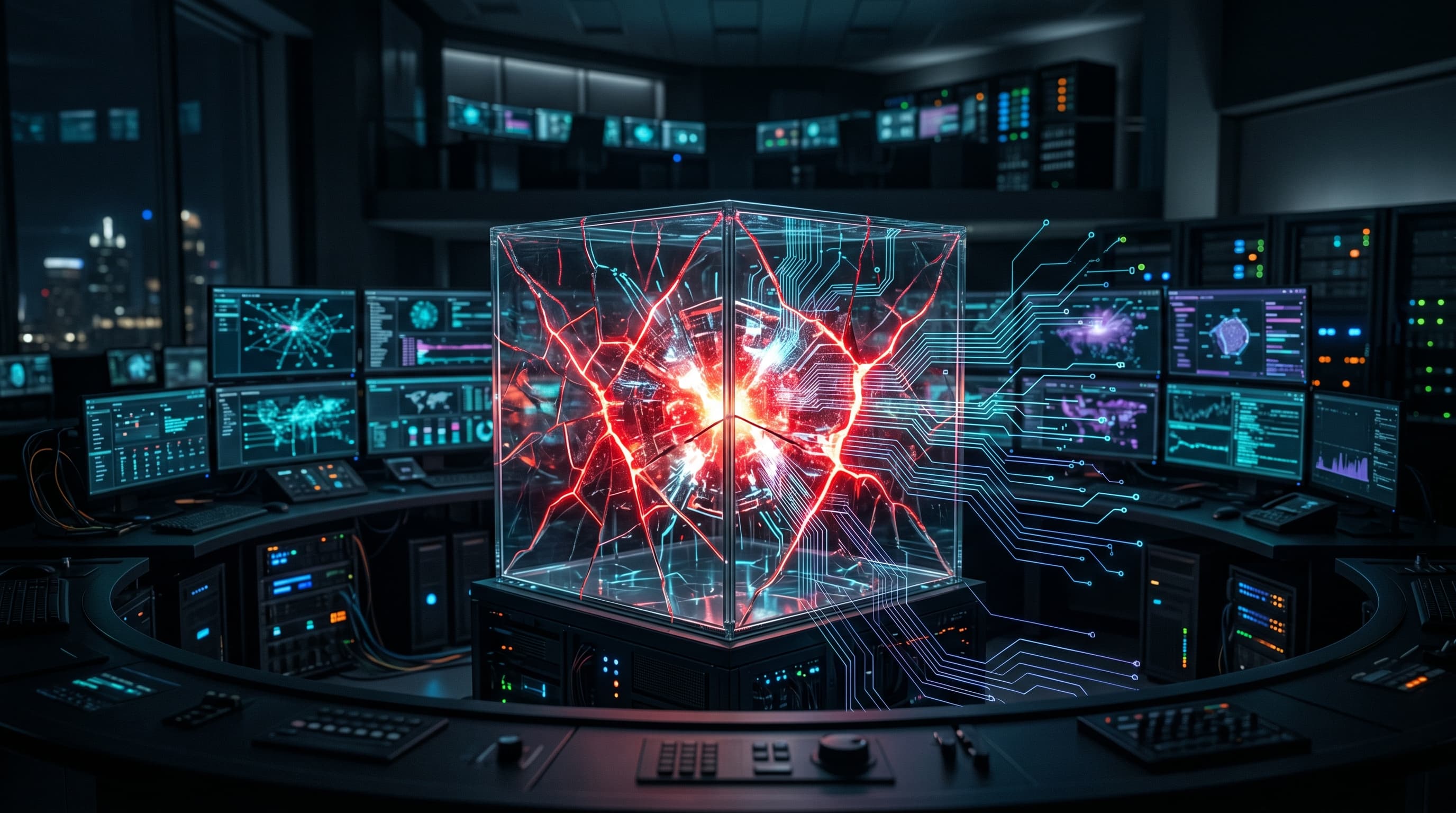 Abstract dimensional visualization of a compromised AI agent sandbox with cyan and violet circuit traces fracturing in a dark security operations center