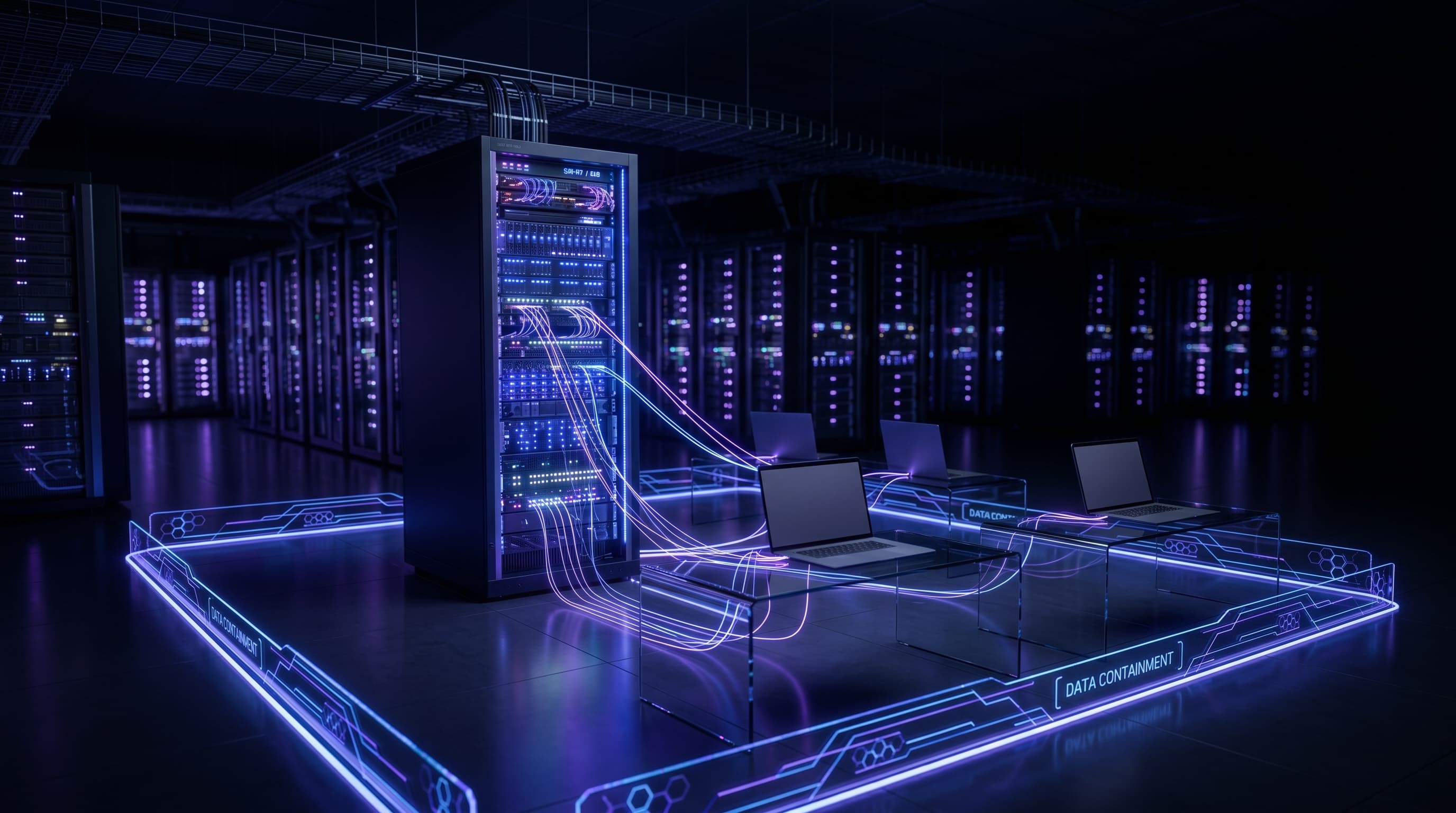 Conceptual server-to-laptop file-sync illustration with a perimeter labeled “Data containment”; external model and tool flows are not shown.