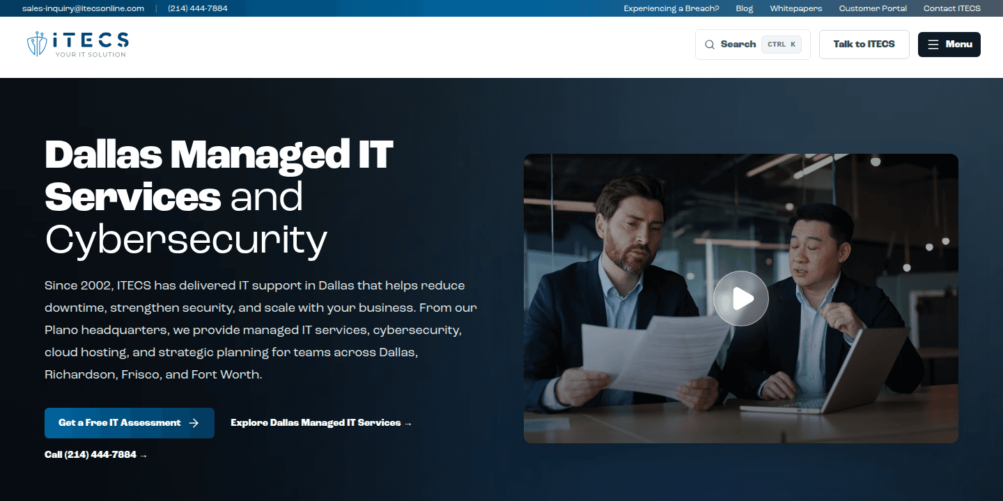 Top of the ITECS main website for Dallas managed IT services and cybersecurity