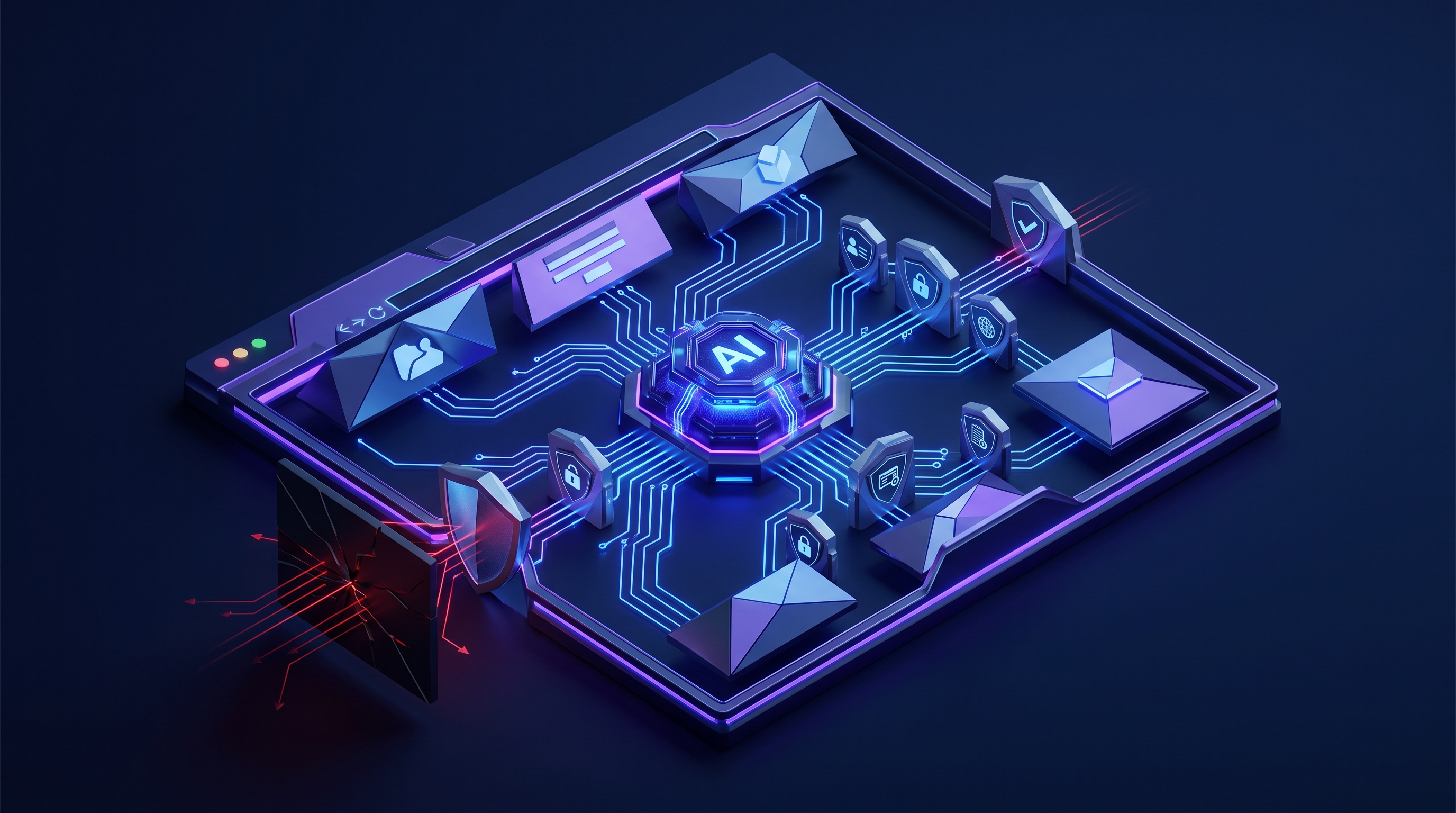 Abstract dark visualization of agentic browsing security — an AI agent core operating inside a browser window, reaching multiple SaaS app tabs and forms through an employee identity gate, ringed by DLP, site-scope, logging, and human-approval checkpoints, with a malicious hidden-instruction page being deflected, in violet and blue