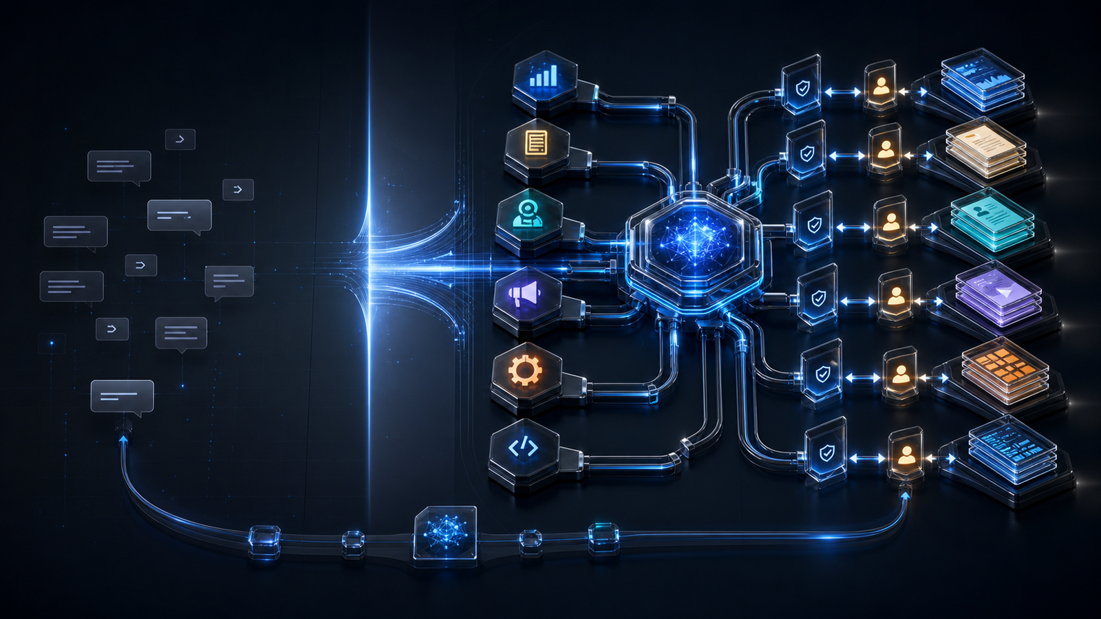 Abstract enterprise AI system showing isolated chat prompts crossing an adoption gap into a governed agent network with approved tools, permission gates, human review, completed business work, and a continuous training loop
