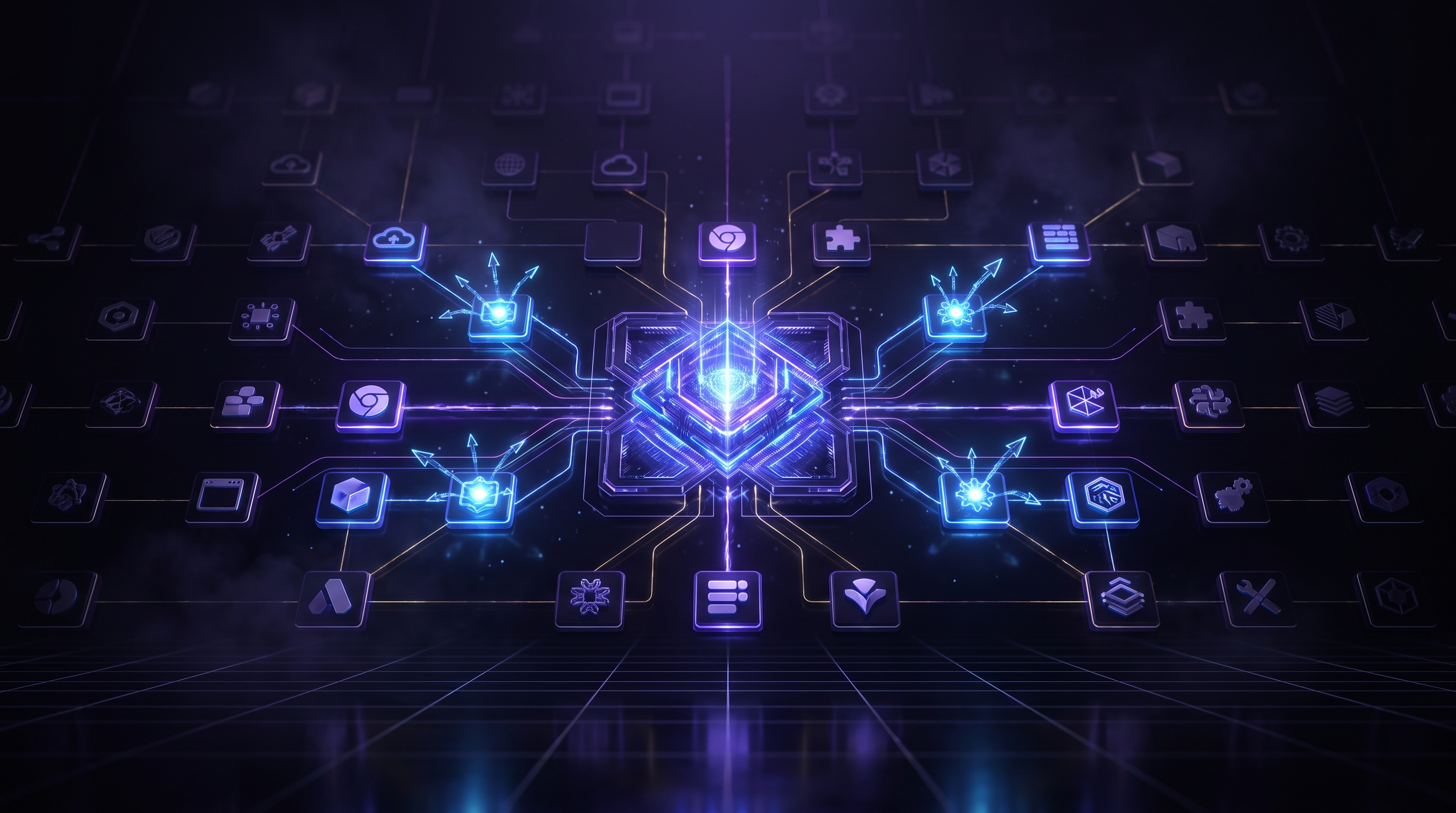 Abstract dark visualization of an AI-enabled application inventory — a central governance registry connected to app, browser, plugin, and MCP-server nodes, with some nodes lighting up as they gain agentic action capabilities, in violet and blue