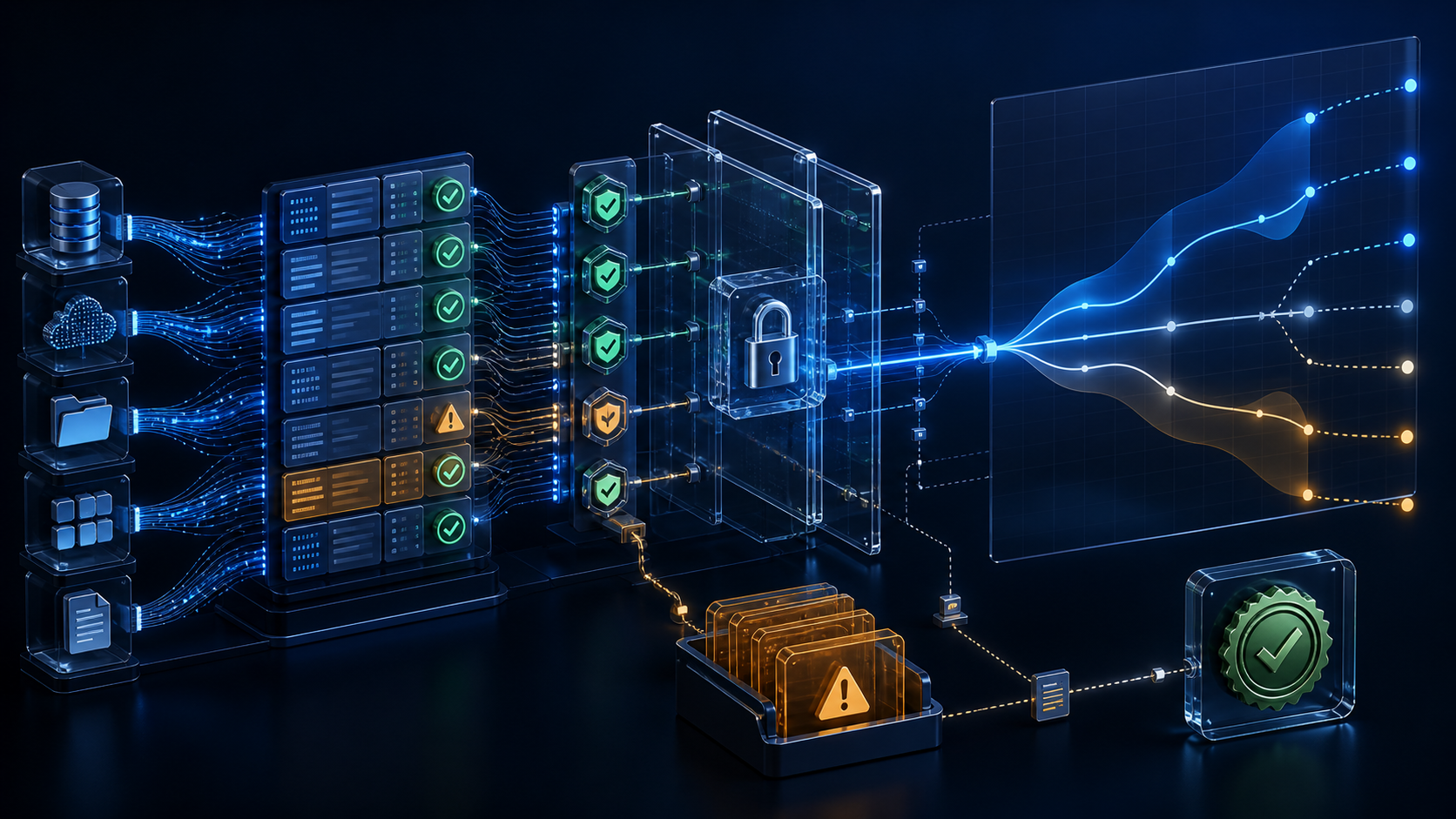 Abstract AI-native finance system connecting approved ledger data through reconciliation controls, exception review, traceable approval gates, and continuously updating forecast scenarios
