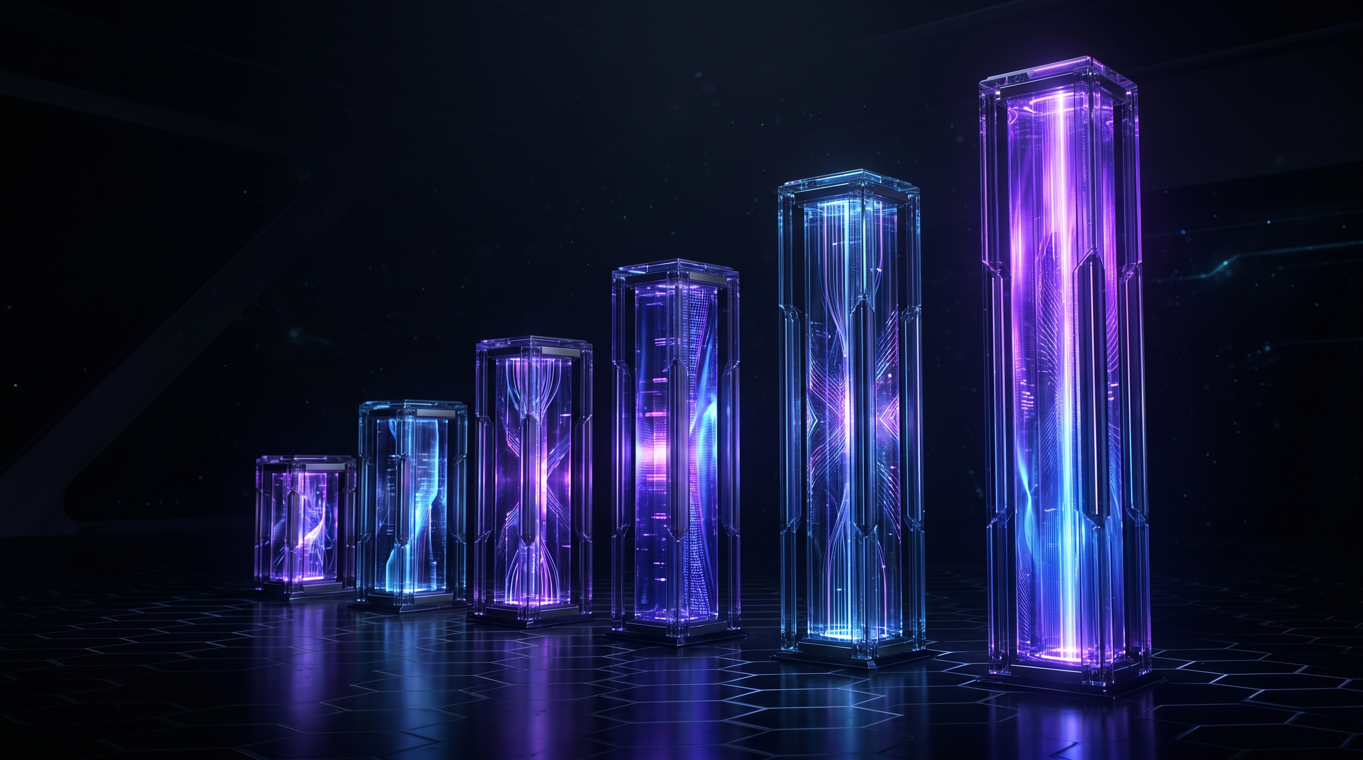 Abstract dark visualization comparing five Claude subscription tiers — Free, Pro, Max, Team, and Enterprise — as ascending illuminated columns in violet and blue, representing rising price, usage limits, and security controls