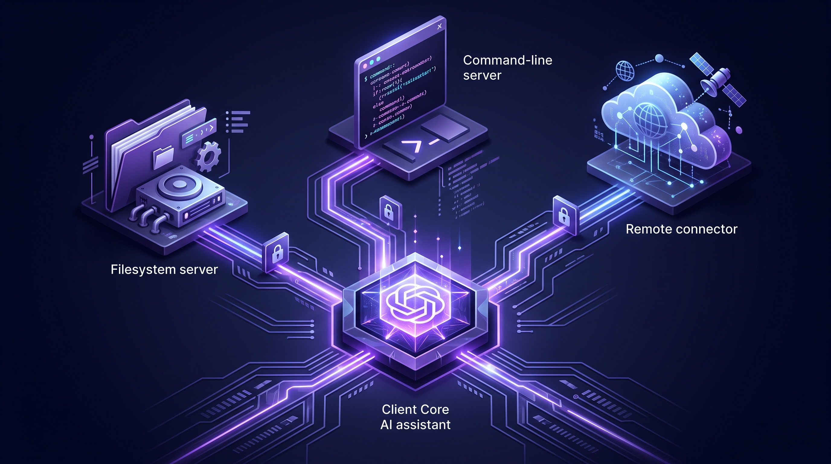 Abstract dark visualization of Model Context Protocol connecting Claude to tools — a central Claude client core linked by luminous channels to a local filesystem server, a code-terminal server, and a remote cloud connector, each passing through a permission gate, in violet and blue