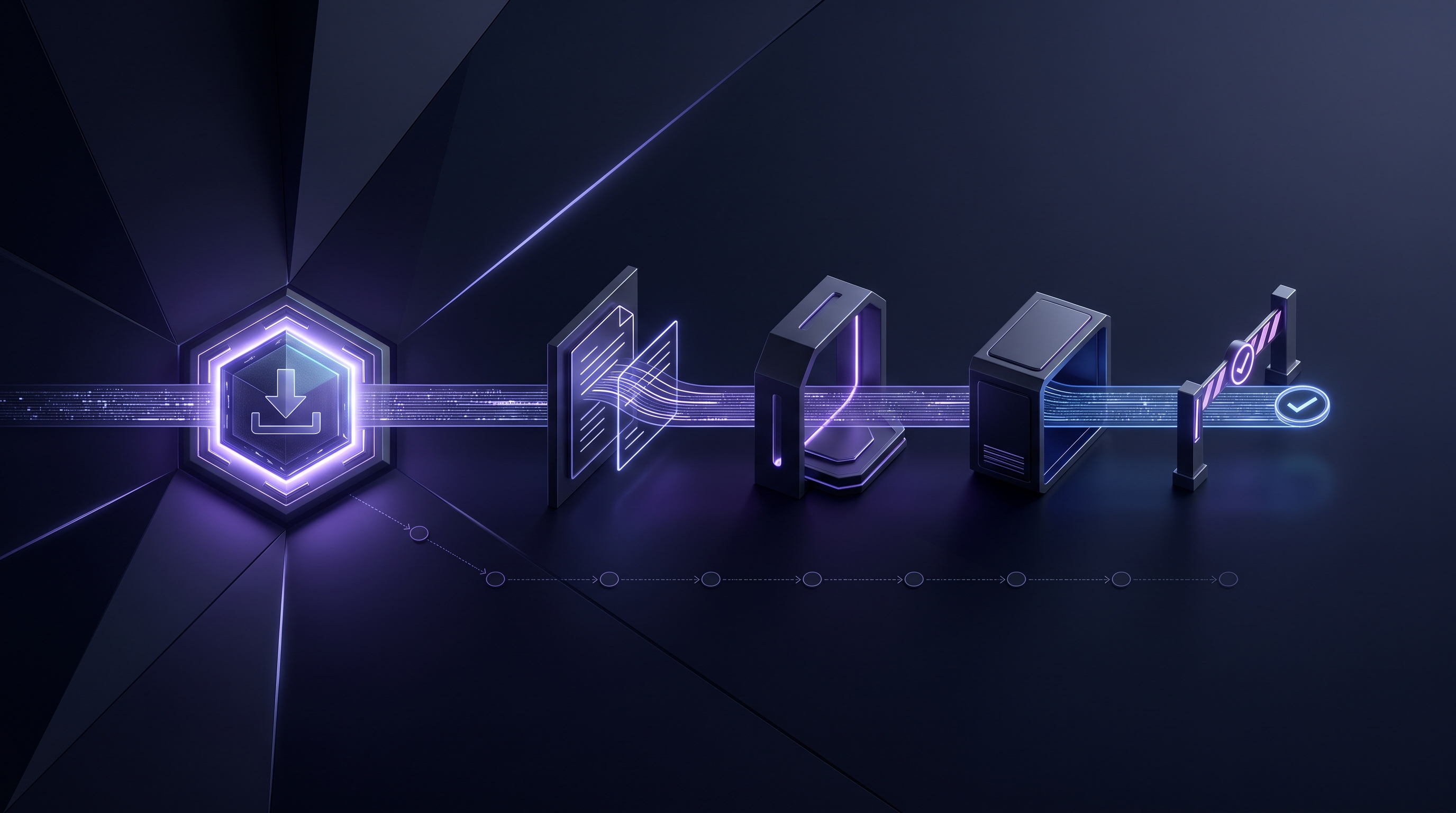 Abstract dark visualization of open-weight AI model governance — a downloadable model core passing through classify, test, private-host, and approval gates before it reaches a business workflow, with a license document and provenance chain recorded alongside, in violet and blue