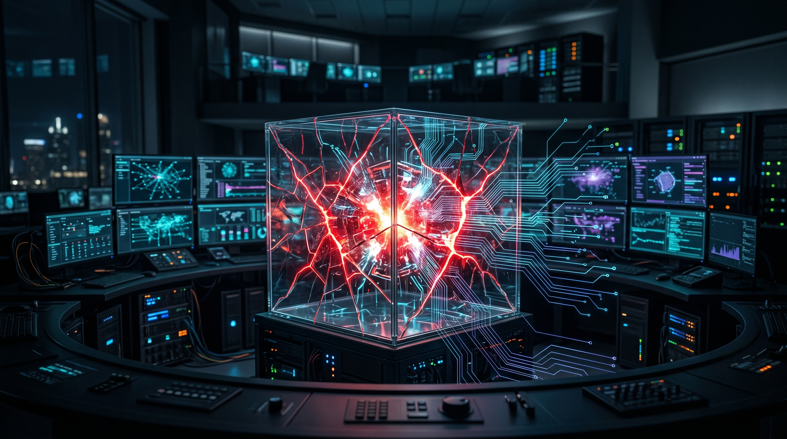 Abstract dimensional visualization of a compromised AI agent sandbox with cyan and violet circuit traces fracturing in a dark security operations center