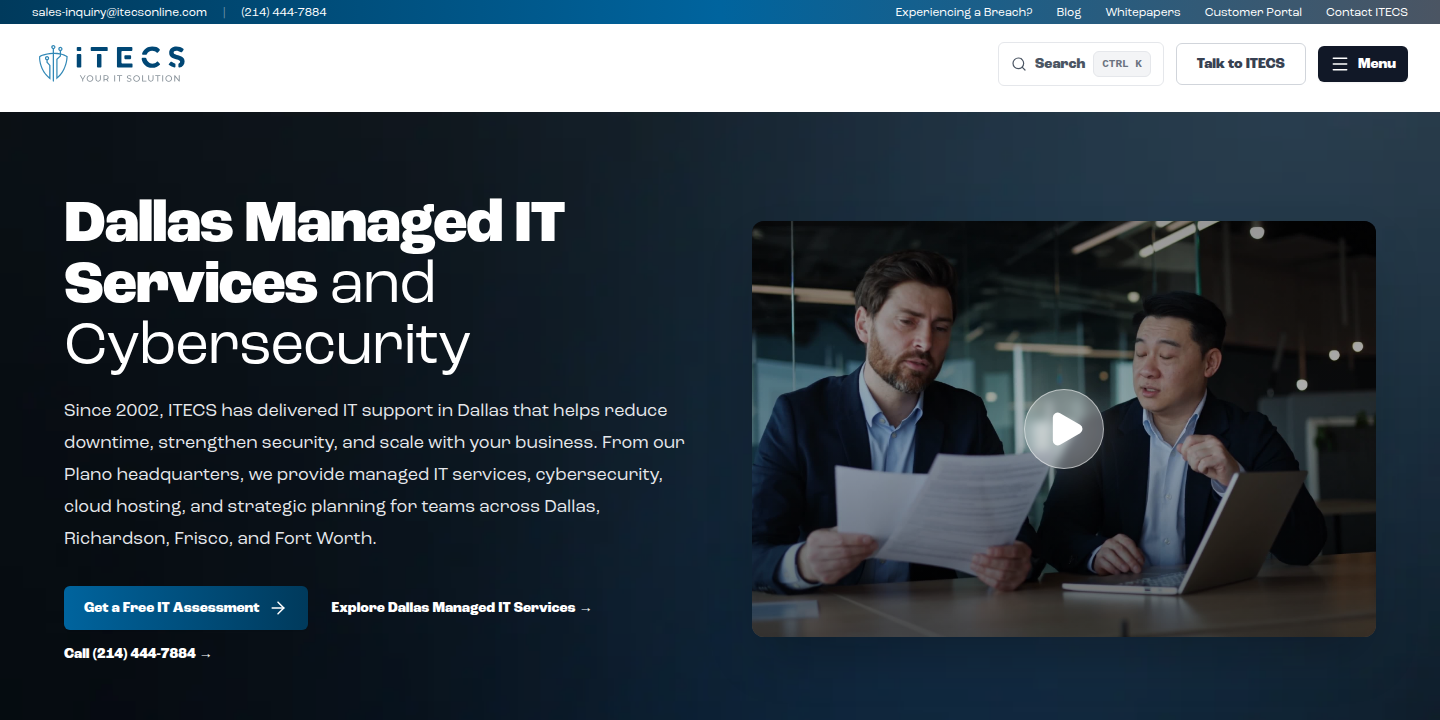 Top of the ITECS main website for Dallas managed IT services and cybersecurity